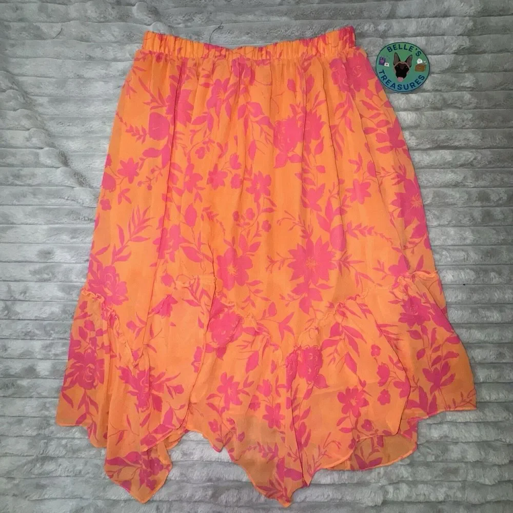 Women's Large 12-14 Orange Pink Chiffon Asymmetric Skirt‎ Y2K 90s Fairy Spring